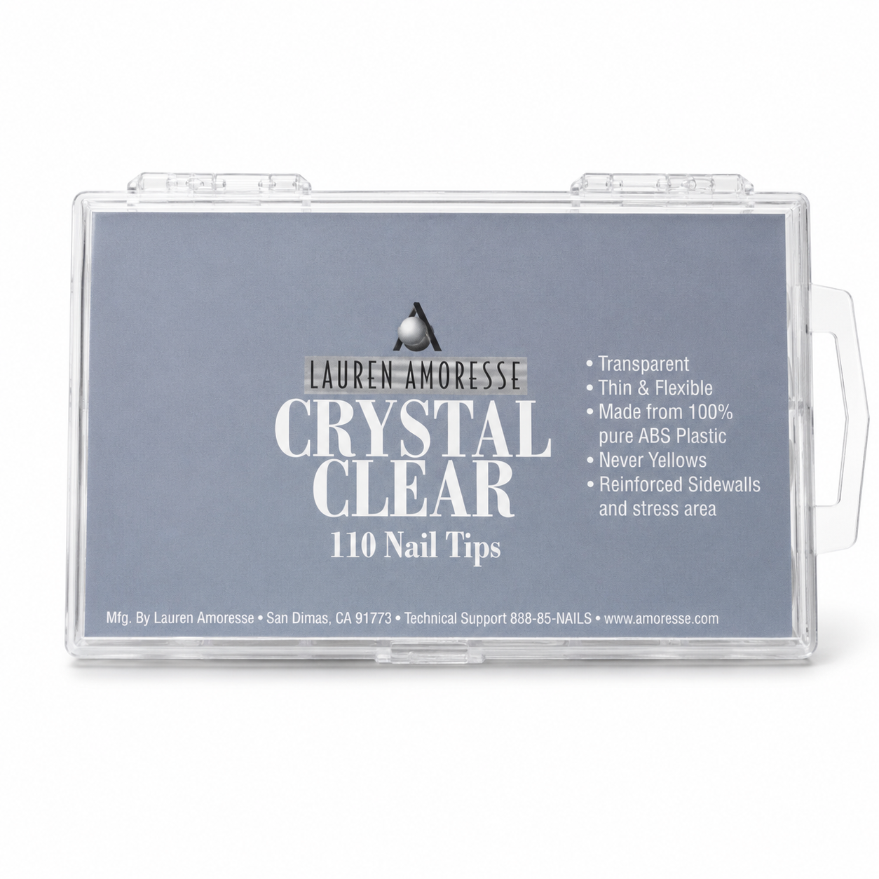 Lauren Amoresse crystal clear nail tips packaging on a white background